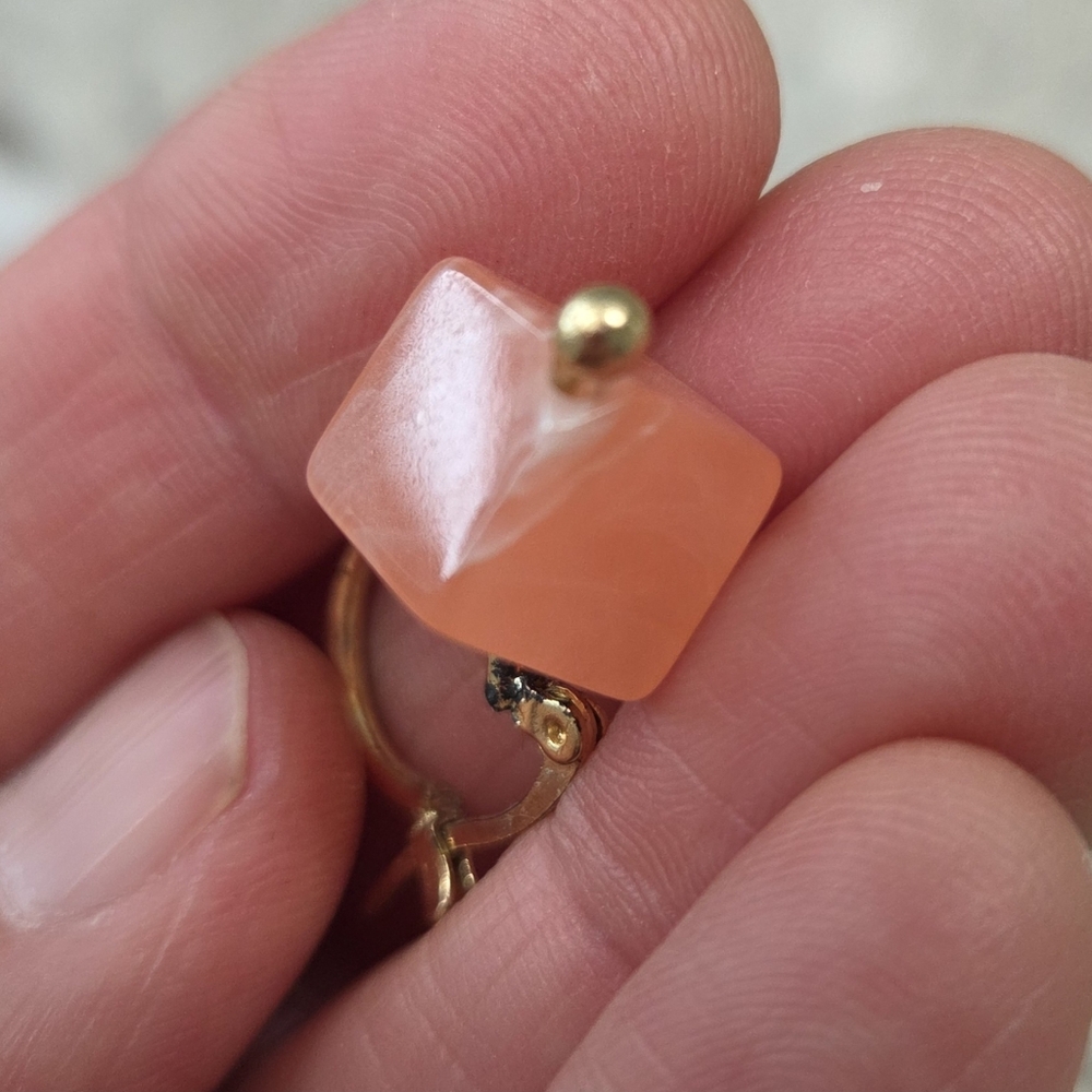 Gold and Orange Square Stone Coral Color Earrings Minimalist‎ Design - Picture 4 of 4